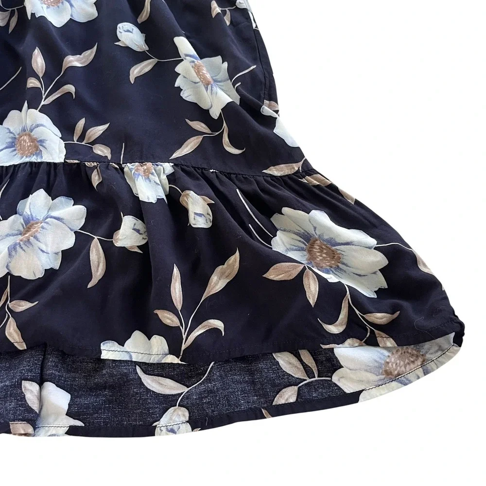 Entro Women L Navy Blue Floral Print 3/4 Tie Sleeve V Neck Ruffle Hem Dress Boho